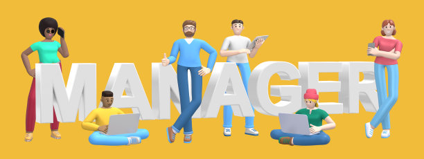 一群年轻的多民族成功人士，黄色背景上有笔记本电脑、平板电脑、电话和文字管理器。横横幅卡通人物和文字网站口号。3 d渲染。图片下载