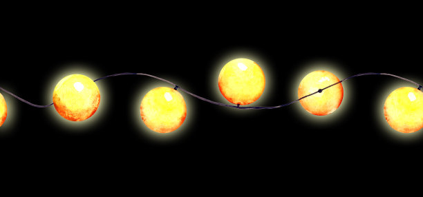 水彩光花环无缝模式上的黑色背景。圣诞节和生日聚会，节日装饰，浪漫庆祝，户外庭院照明无尽的边界。图片下载