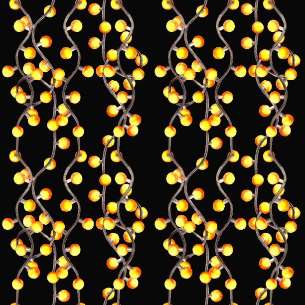 水彩光花环无缝模式上的黑色背景。圣诞节和生日聚会，节日装饰，浪漫庆典，户外庭院灯光印不尽。图片下载