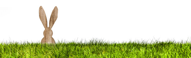 带着复活节彩蛋的复活节兔子挂在绿色的草地横幅上图片下载