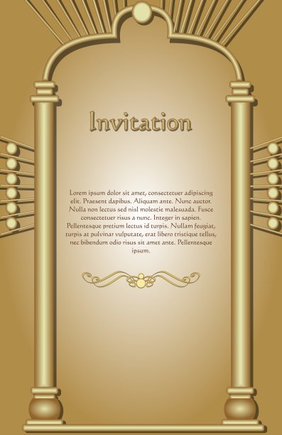 邀请模板采用金色设计，框架代表为3d金门，金色渐变背景，样本文本，金色压花分隔下的文本图片下载