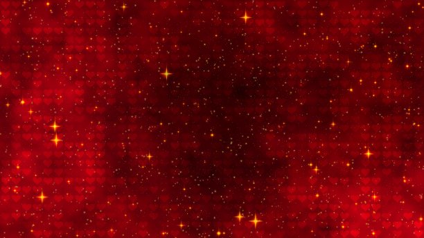 红色图案与金色的五彩纸屑，星星和红色的心。给情人节的婚礼请柬电子贺卡。3D渲染3D插图图片下载