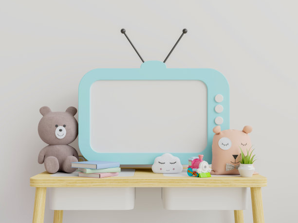 模拟电视在孩子的房间墙壁上白色的背景。图片下载