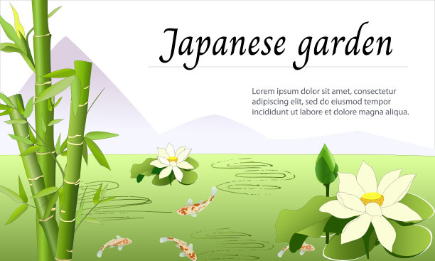 带有日式花园的横幅。矢量插图竹，莲花，鲤鱼。亚洲自然。图片下载