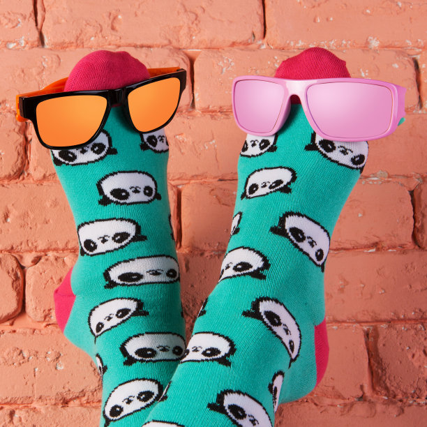 两只腿上穿着绿松石袜子，上面有一张熊猫脸的图片，竖着，倚在砖墙上，腿上是两副彩色太阳镜，概念图片下载