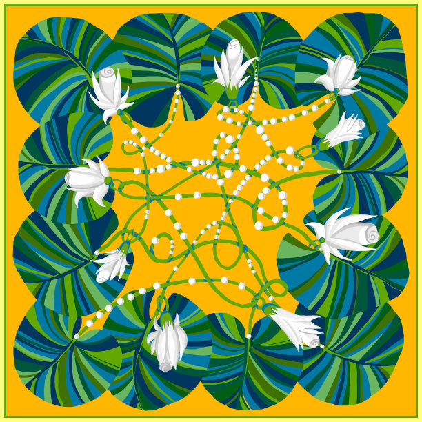 漂亮的围巾，热带的花朵和树叶。图片下载