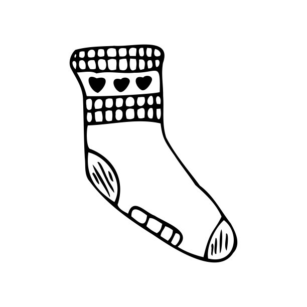 白色背景上有一颗心的手绘袜子。涂鸦，简单的大纲插图。可用于纺织品、纸张的装饰。图片下载