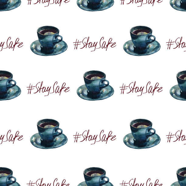 无缝水彩图案的暗色咖啡杯和保持安全的标签字母在白色的背景。图片下载