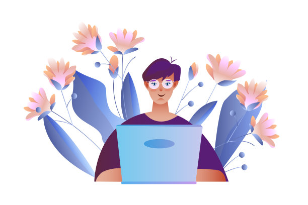 戴着眼镜的年轻女子在她的笔记本电脑前工作，上面有粉色和蓝色的花朵。图片下载