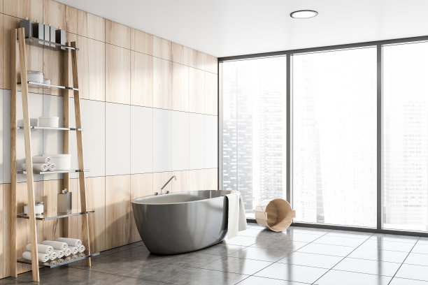 白色和木制浴室角落，浴缸和架子图片下载