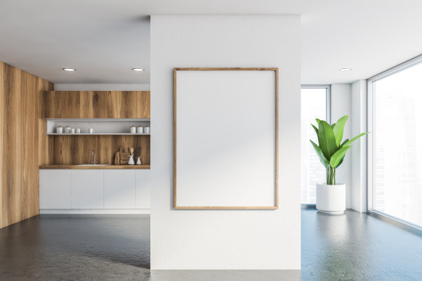 白色和木制的厨房与海报图片下载