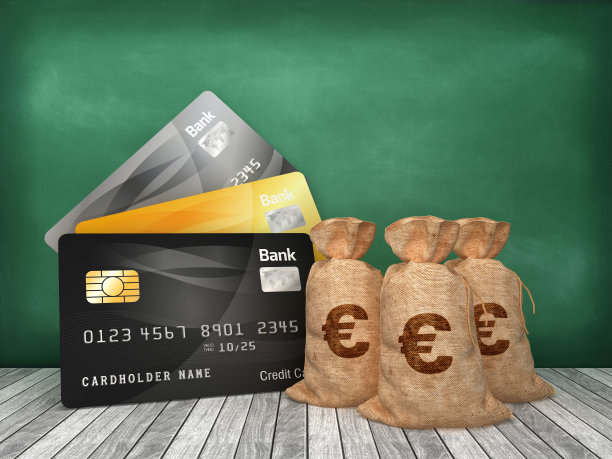 信用卡与欧元钱袋在黑板上- 3D渲染图片下载