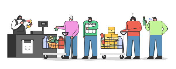 冠状病毒感染的隔离概念。人们戴着防护口罩在超市排队以防止病毒感染。卡通线性轮廓扁平风格。矢量图素材图片