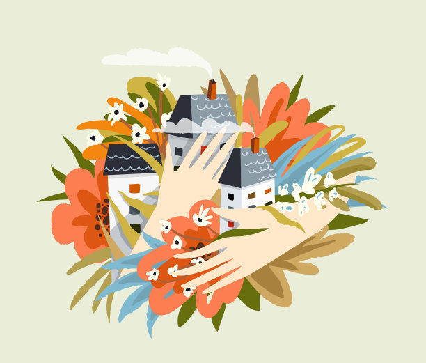 花房小区设计，手捧花房组成。矢量复古时尚的平面设计。图片下载