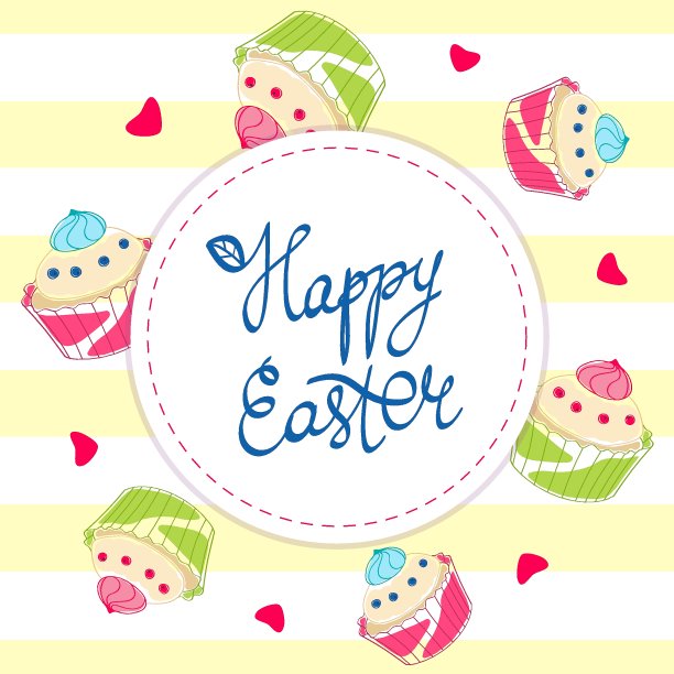 复活节快乐，喜庆的旗帜。不同的糖果，糕点和烘烤条纹背景。复活节蛋糕,蛋糕。矢量插图的贺卡。图片下载
