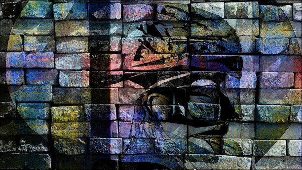 色彩斑斓的超现实的世界。虚拟涂鸦。抽象图像，画在砖墙的照片上。图片下载