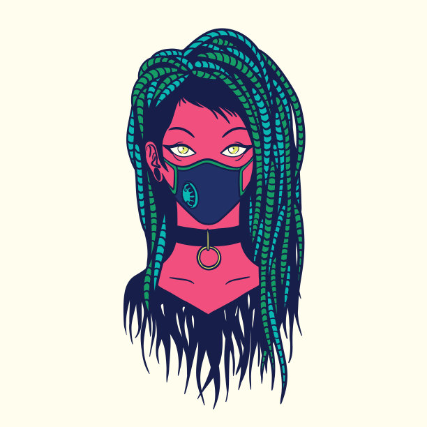 有型的年轻女孩，梳着脏辫，戴着医用面具。病毒保护。过滤器。明亮的颜色矢量插图的网络哥特式女孩在手绘风格孤立在光的背景。流感大流行图片下载