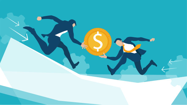 两个商人跑向对方，希望能抓住金币。挣钱、工资、投资增长、制胜理念。图片下载