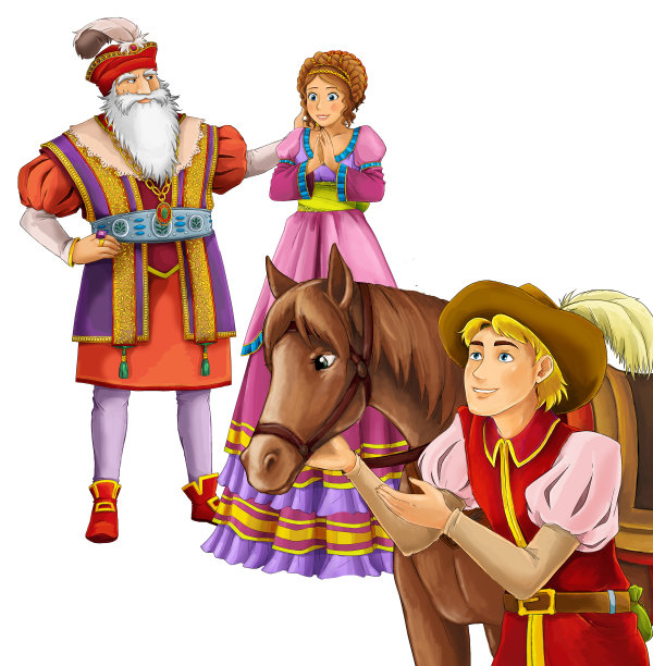 卡通欢快的夫妇在一起的浪漫场景与马插图图片下载