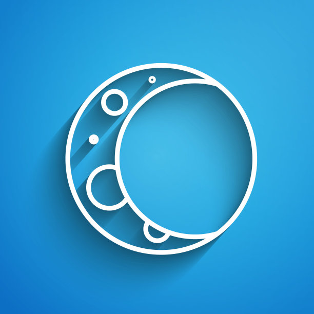 白色线月亮图标孤立在蓝色背景。长长的阴影。矢量图图片下载