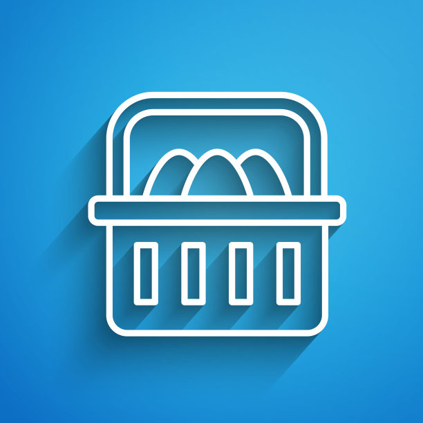 白色线篮子与复活节彩蛋图标孤立在蓝色背景。复活节快乐。长长的阴影。矢量图图片下载