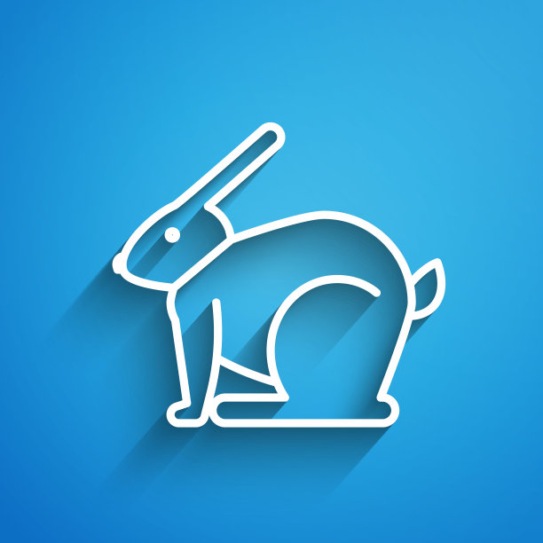 白色线复活节兔子图标孤立在蓝色背景。复活节兔子。长长的阴影。矢量图图片下载