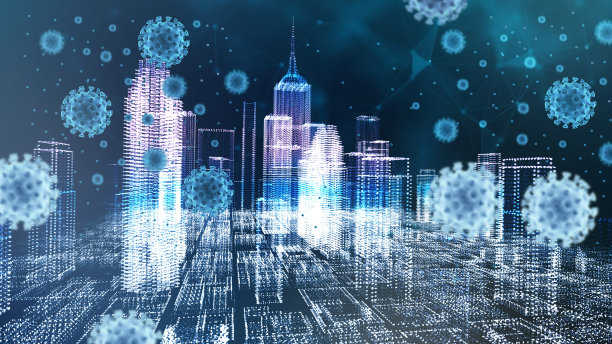 冠状病毒、病毒对经济业务的影响、3D纽约市和虚拟病毒、金融经济和商业概念图片下载