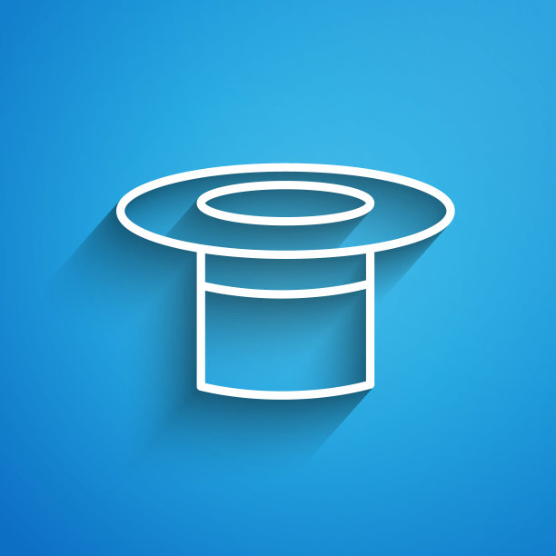 白色线魔术师帽子图标孤立在蓝色背景。魔术。神秘的娱乐概念。长长的阴影。矢量图图片下载