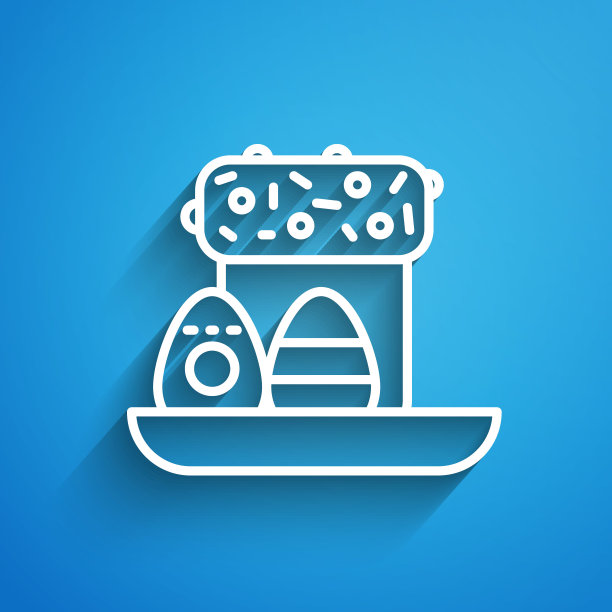 白色线复活节蛋糕和鸡蛋图标孤立在蓝色背景。复活节快乐。长长的阴影。矢量图图片下载