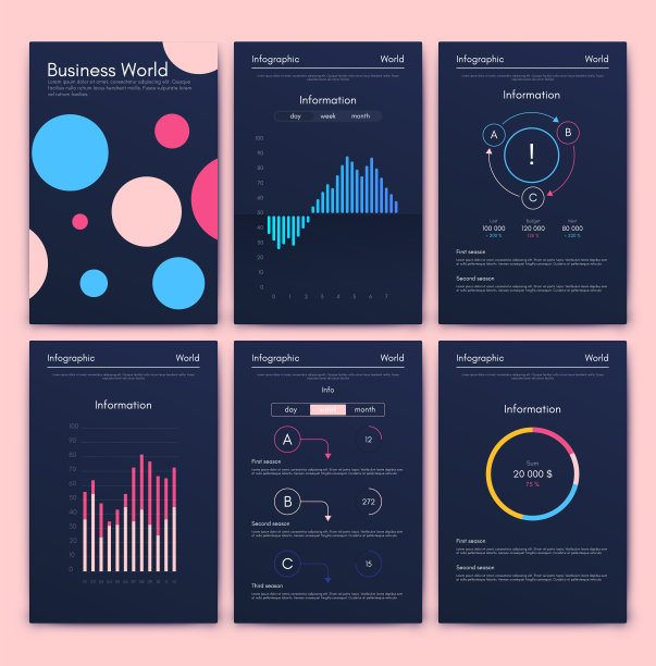 商业手册的现代信息图表向量元素。用于网站，公司宣传册，广告和市场营销。饼图，折线图，条形图和时间线。图片下载