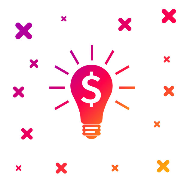 彩色灯泡与美元符号图标孤立在白色背景。赚钱的想法。Fintech创新概念。梯度随机动态形状。矢量图图片下载