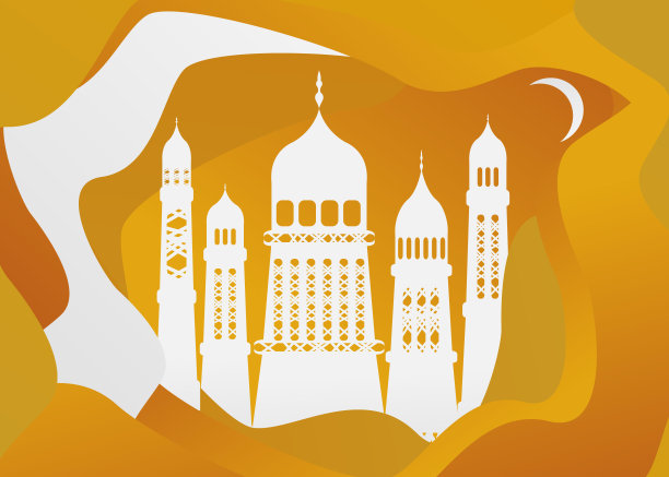 矢量斋月卡里姆卡。带有清真寺、月亮、星星、太阳和云彩的复古纸横幅，用于神圣的斋月许愿。东方风格的阿拉伯装饰。伊斯兰教背景插图图片下载