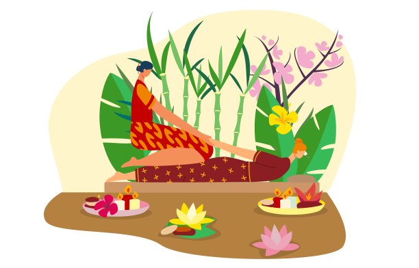 泰国按摩师，泰国女人，亚洲女孩，水疗场所，孤立的白色，平面矢量插图。竹子，棕榈树叶。图片下载