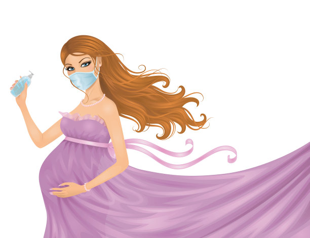 漂亮的长头发孕妇拿着消毒液。图片下载
