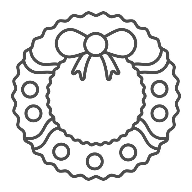 花环与船首线和固体图标。圆形的圣诞松树花环轮廓风格的象形图上的白色背景。圣诞装饰标志的移动概念和网页设计。矢量图形。素材图片