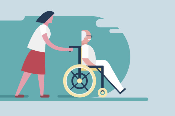 一个年轻女孩用轮椅抬着一个老人图片下载