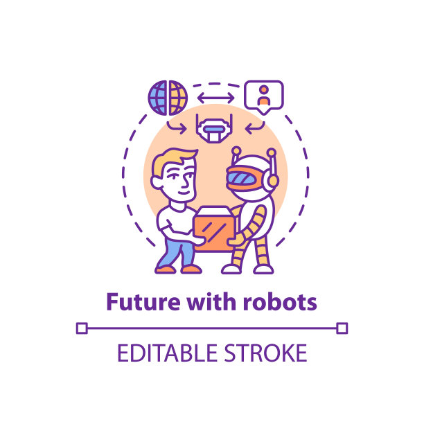 未来与机器人概念图标。机器人在社会中的概念是一个缩影。与创新科技互动。当代交付。矢量孤立轮廓绘制。可编辑的中风图片下载
