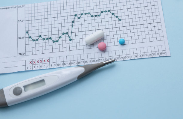 怀孕的计划。测量基础体温。温度计，药片，蓝色背景的温度图。本空间图片下载