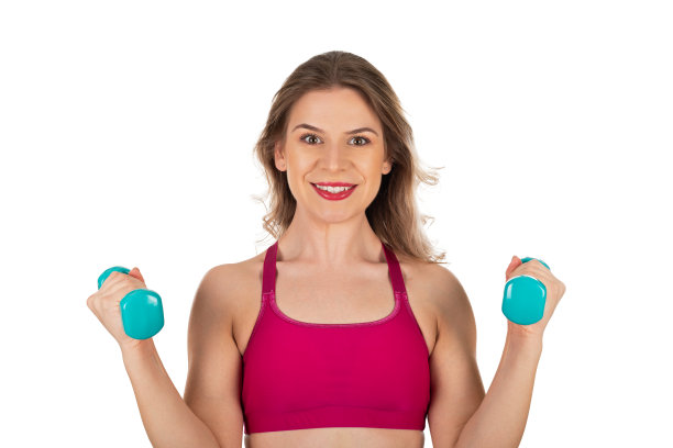积极的妇女举着哑铃在孤立图片下载