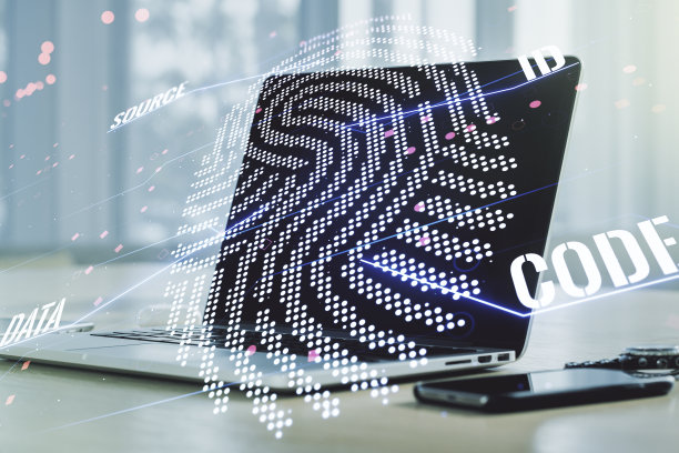 摘要创意指纹插画在现代计算机背景下，个人生物特征数据的概念。Multiexposure图片下载