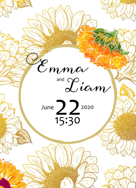 婚礼请柬设计模板采用矢量水彩，适合烫印，优雅的金色花框图片下载