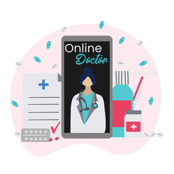 屏幕上有医生的智能手机。药片、体温计、处方在后台。在线医疗咨询、网络医院支持、医疗网络服务、热线。矢量平面风格设计。图片下载