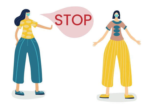 戴面具的女人说停下来。隔离期间的社交距离。流行病的概念形象。冠状病毒、社会隔离和自我隔离概念。平面向量插图图片下载