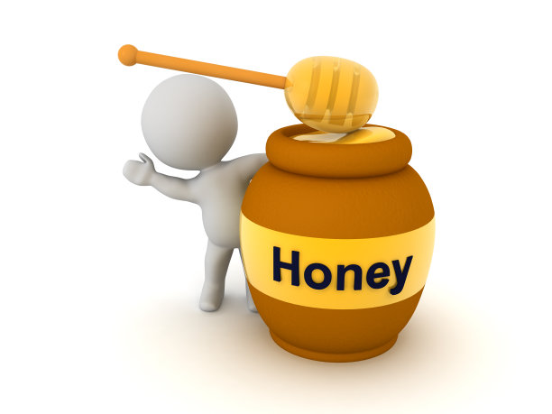 3D角色从蜂蜜罐和勺子后面挥手图片下载