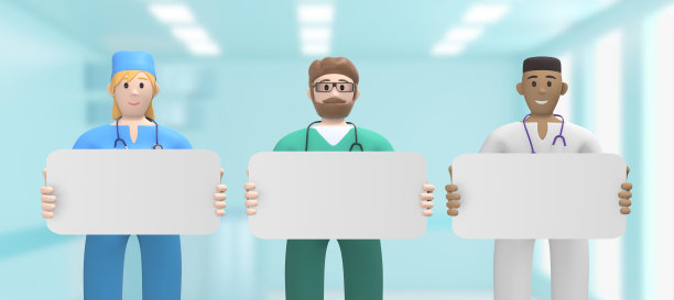 跨国团队的医生在医疗室内都拿着一块空板、模板、版面拷贝。蓝色背景上的卡通人物。3 d渲染。图片下载