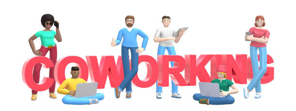 一群年轻的多民族成功人士，他们在白人背景下使用笔记本电脑、平板电脑、电话和文字工作。横横幅卡通人物和文字网站口号。3 d渲染。图片下载