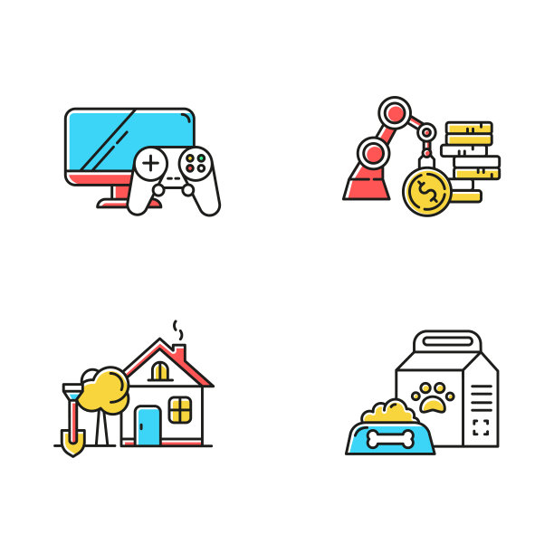 电子商务部门颜色图标设置。在线购物。零售类别。宠物用品。家庭和花园。商业和工业。视频游戏和游戏机。孤立的矢量插图图片下载