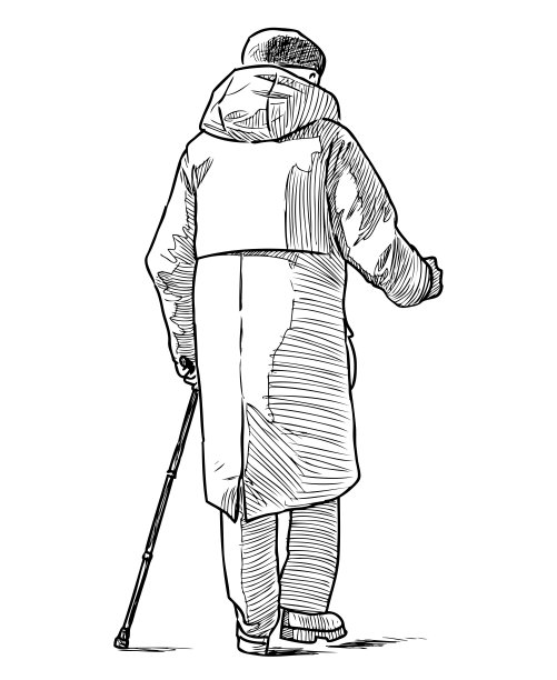 一个老人拄着拐杖走在街上的素描图片下载