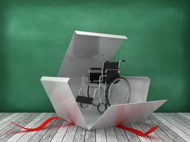 礼品盒与轮椅在黑板上的背景- 3D渲染图片下载