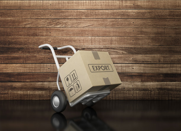 与出口标签在黑板上的手卡车和硬纸板箱- 3D渲染图片下载